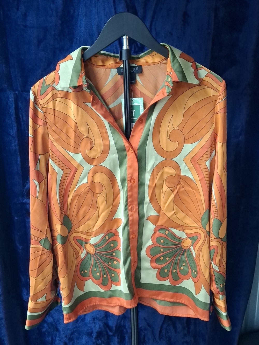 Rachel Zoe Orange and Green Graphic Silk Button-Up Blouse